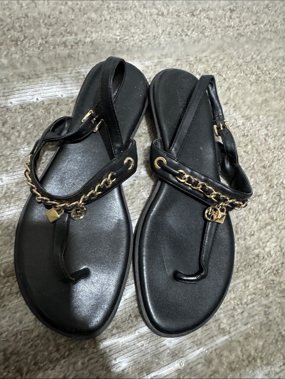 Michael Kors Black Thong Sandals with Gold Chain Accent